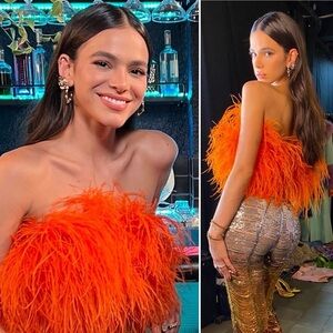 Lamarque Zaina Strapless Feather Bandeau Top Orange Party Crop Bustier Small